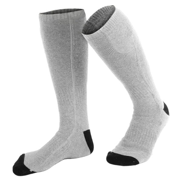 Pair of grey knee-high heated socks with black heel and toe